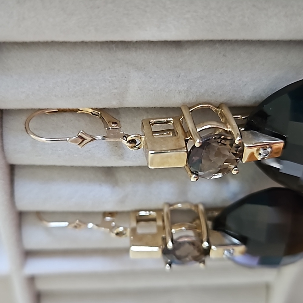Vintage Smokey Topaz Diamond Accent Gold Drop Earrings - Picture 4 of 8